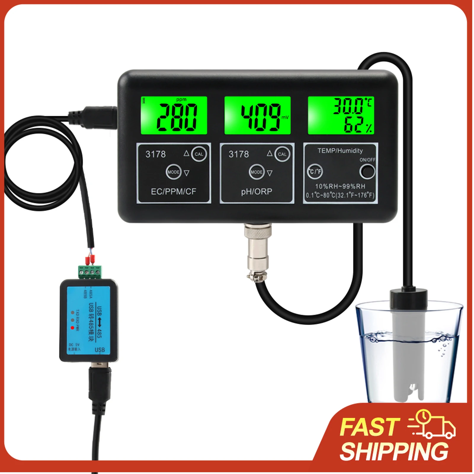 

7 in 1 PH Meter for Water Digital Water Quality Tester EC/TDS/PH/CF/ORP/Temperature/Humidity Meter with RS485 Communication Modu