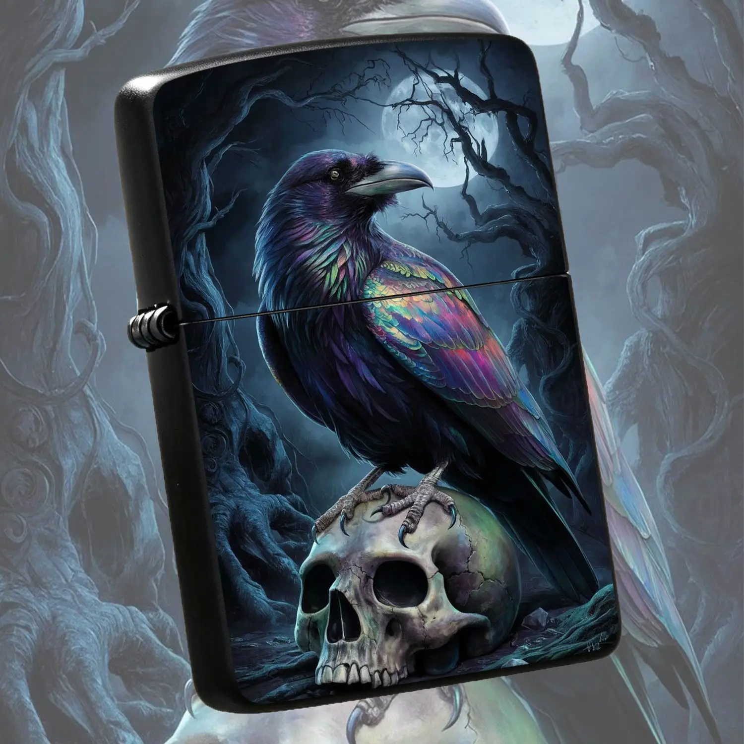 Creative Iridescent Raven Perched On Skull Lighter Spooky Full Moon Dead Forest Themed Portable Accessory For Daily Use Gifting Halloween Gothic Scene Decorative Present For Friends Family A Humorous And Interesting Lighter