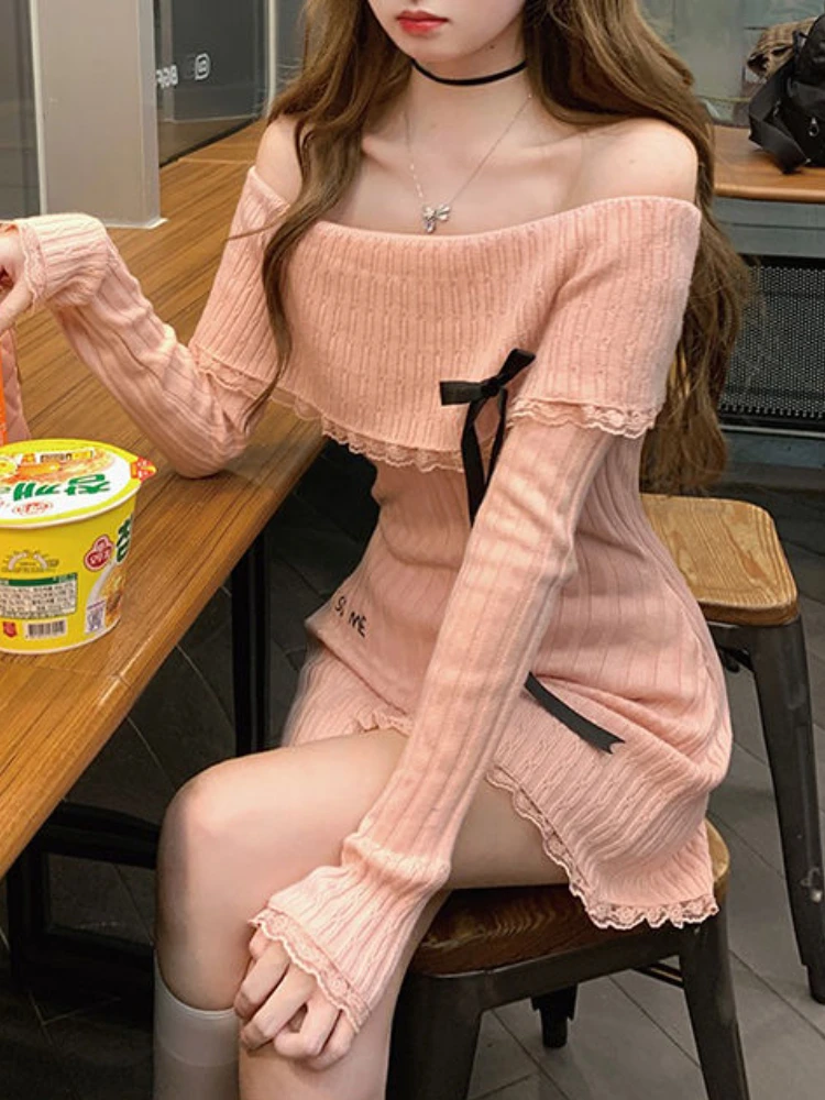 Winter Knit Kawaii Vintage One Piece Dress Women Bow Off Shoulder Elegant Sweater Mini Dress Female Korean Style Chic Dress 2023