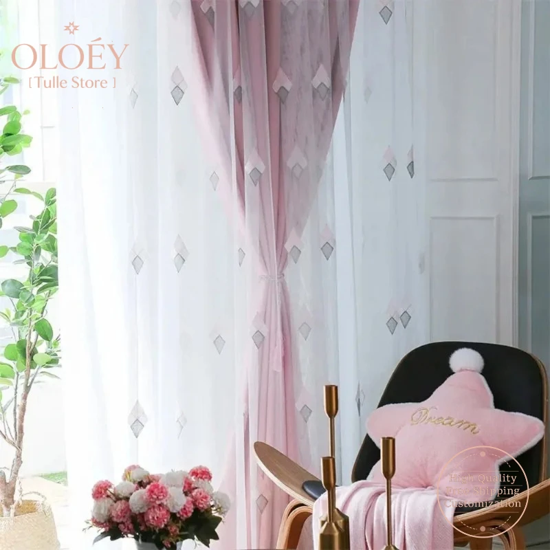 

Korean Style Embroidered Tulle Curtains for Living Room Bedroom Pastoral Sheer Drapes Geometric Diamond Lattice Window Decor