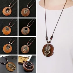 Retro Sweater Chain Round Wooden Leaf Owl Long Sweater Clothing Pendant Women Vintage Leather Lanyard Female Jewelry Gifts