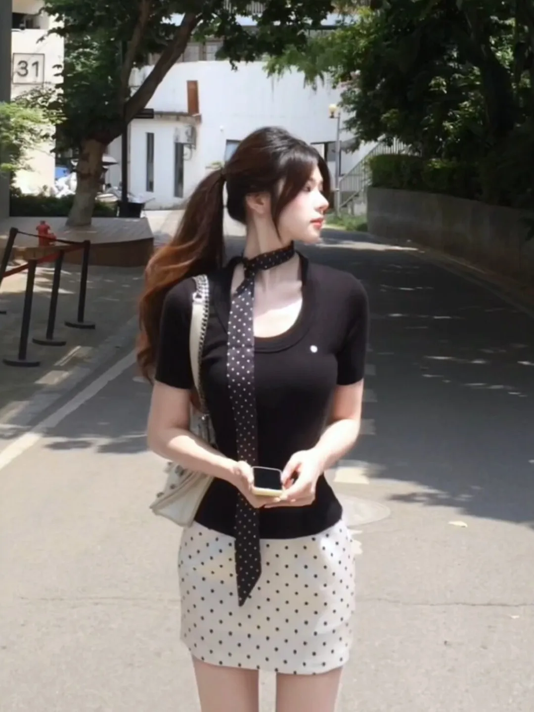 

Korean Minimalist Black U-Neck Short Sleeve T-Shirt Polka Dot Skirt Women's Summer New Slimming Versatile Elegant Two-Pi...
