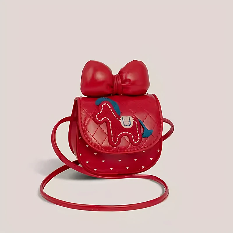 

Girls' Cute Pony & Bow Embroidery Crossbody Bag – Red Mini Coin Purse with Adjustable Strap, Adorable Shoulder Bag for Kids