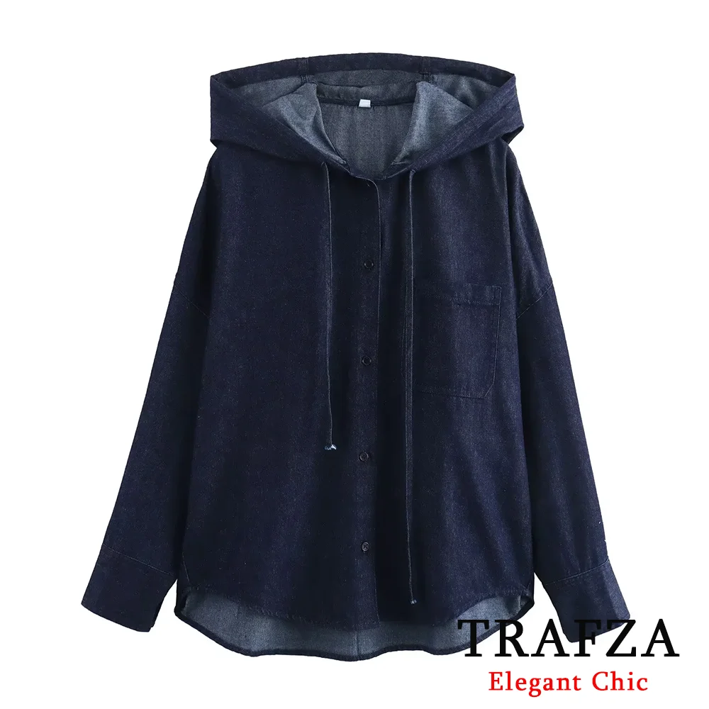 

TRAFZA Vintage Denim Hooded Women Shirt Fashion 2024 Summer Long Sleeve Shirts Button-Down Loose Blouses Streetwear Casual Top