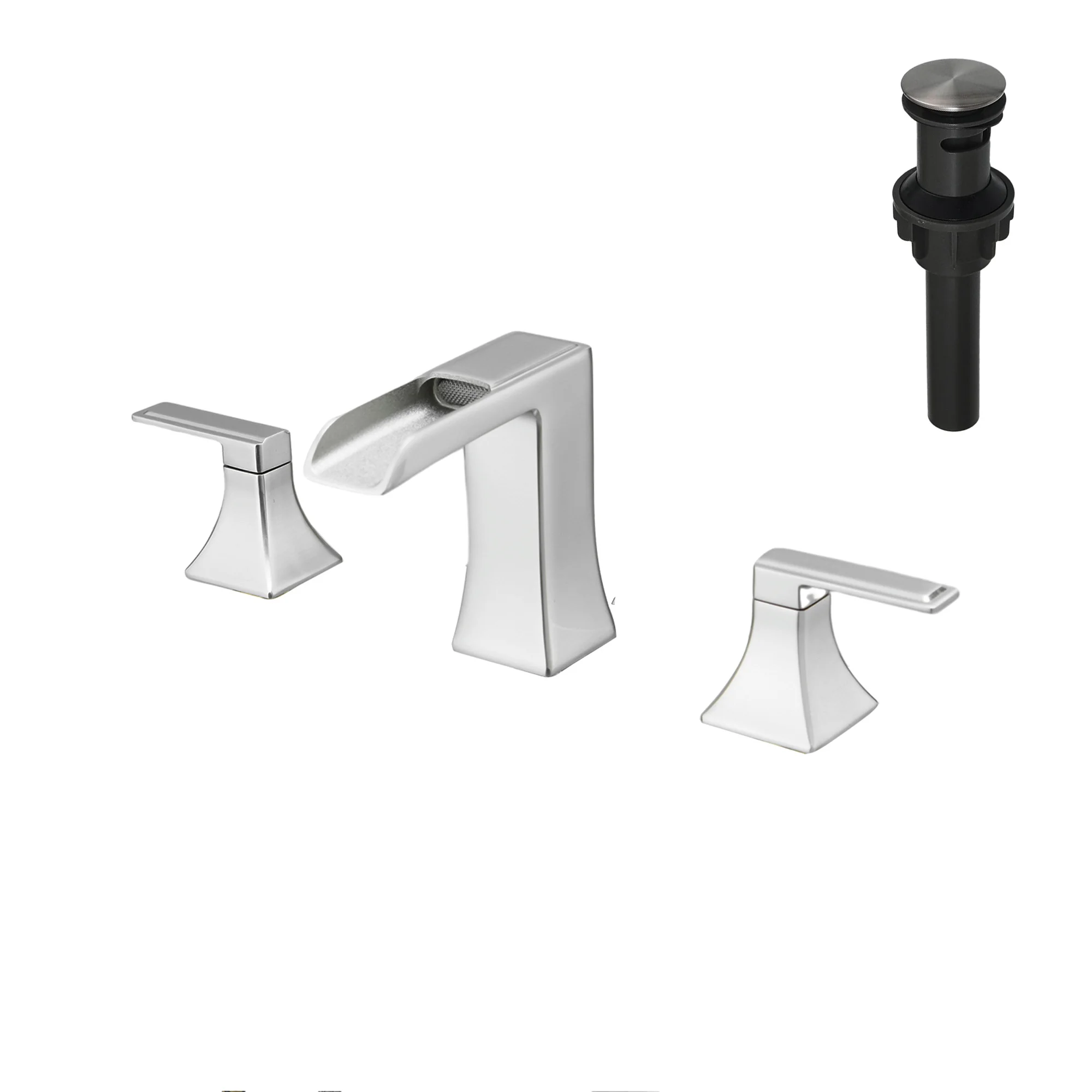 New Waterfall Bathroom Sink Faucet 3 Hole Dual Handle 8 Inch Bath Faucet with Plastic Perforated Drainer