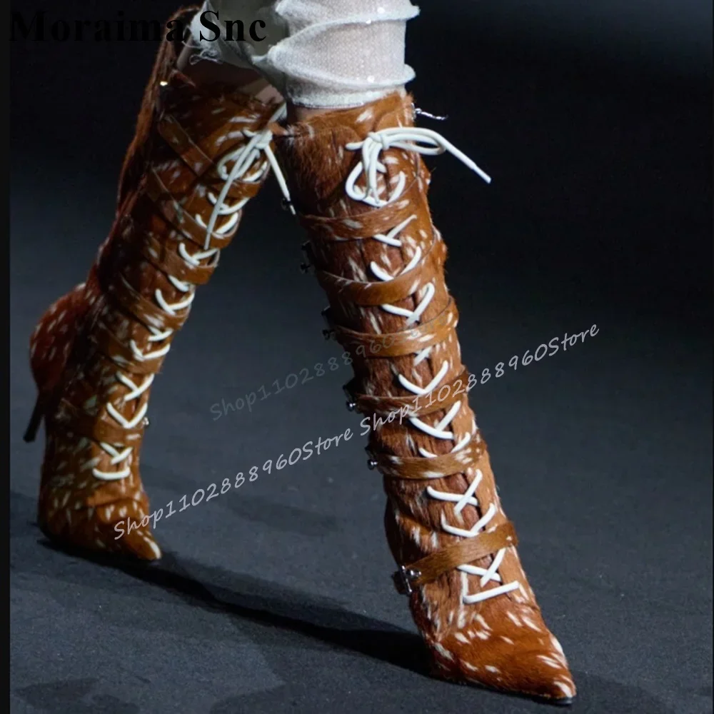 

Mid Calf Brown Buckle Strap Cross Tied Pointy Boots Thin High Heel Women Shoes Side Zipper Pointed Toe 2025 Zapatos Para Mujere