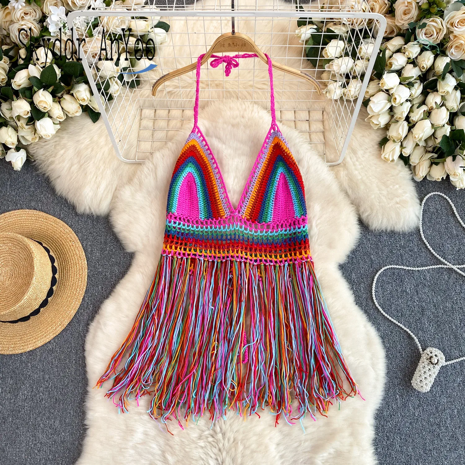 Summer Bohemian Vacation Halter Camisole For Women Sleeveless Backless Sexy Hollow Out Tassel Tops Hook Flower V-Neck Vest