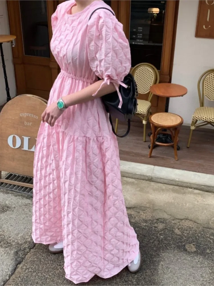 

Summer Pullover Korean Style Long Dress Women Elastic High Waist Fashion Ruffle Pleated Ladies Dresses Puff Sleeve Woman Dress