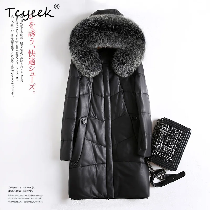 Tcyeek Real Sheepskin Autumn Winter Fox Fur Collar Detachable Hat Black Medium Length Women's White Duck Down Coat Veste Femme