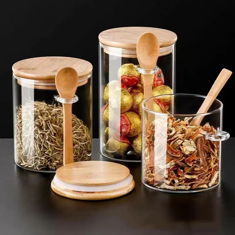 

Candy Jar, Biscuit Jar, Glass Storage Jar With Sealed Bamboo Lid And Spoon Transparent Glass Bulk Food Storage Jars