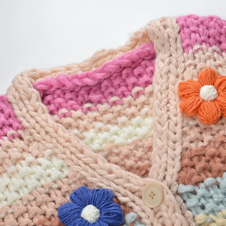 

High-End Version European Sle Chunky Knit Sweater Coat Loose V-Ne Knitted Open Cardigan Stripe Floral Pattern