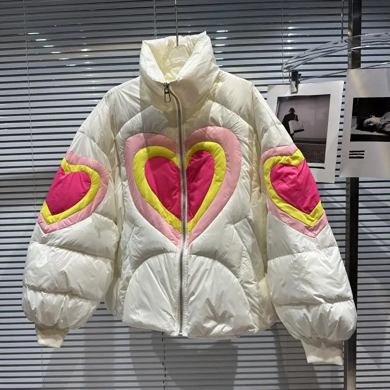 Heart-Shaped Print Down Jacket Women High Quality Parkas Spliced Fashion Couples Cotton Coat Thick Warm Winter Jacket Female