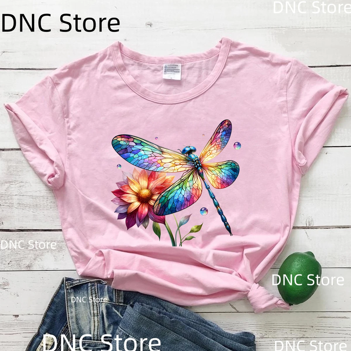 Colorful Dragonfly Printed T-Shirt Women Fashion Harajuku Retro Female Tshirt Summer Pink Shirt Short Sleeve Top Dropshipping