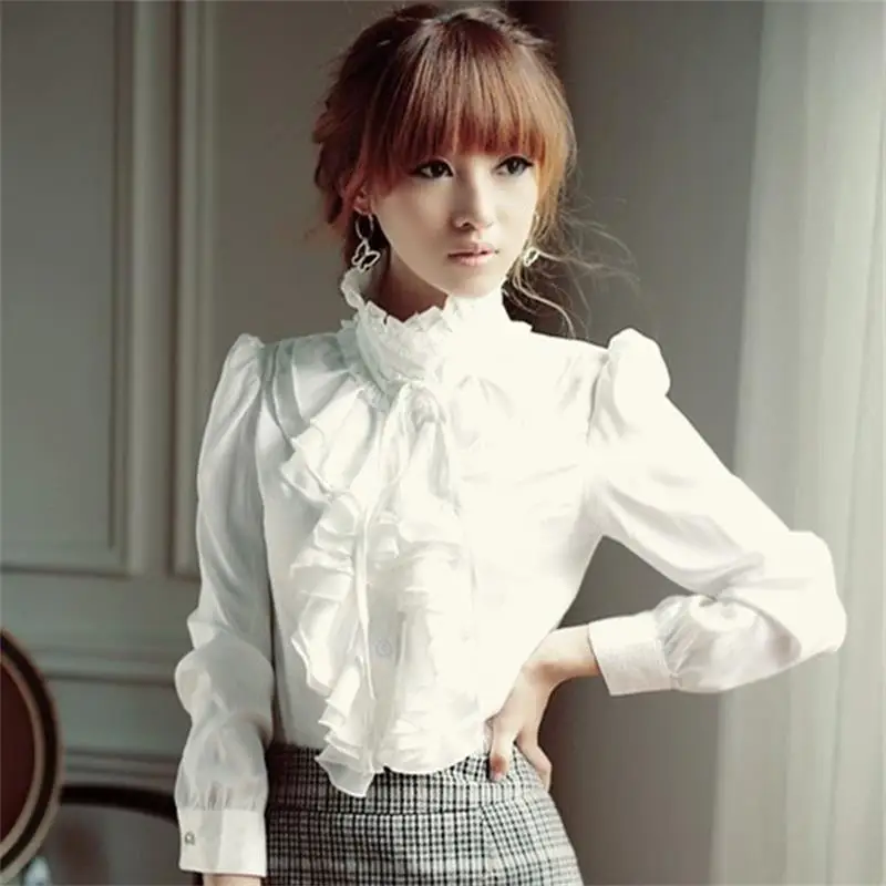 Oversized 5xl Vrouwen Lolita Shirt Lange Mouw Opstaande Kraag Chiffon Blouses Met Ruches Dames Strik Shirt Koninklijke Stijl Gothic Shirt