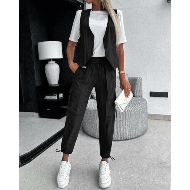 Spring Summer New Women\'s White Striped Sleeveless Vest Suit Leisure Commute Cropped Pants