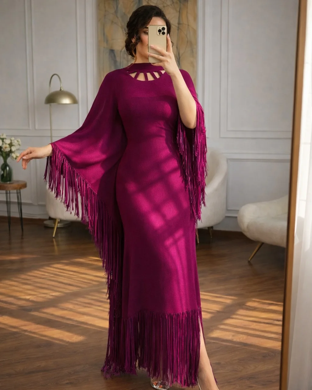 

QR Customized Luxurious Elegant Evening Dresses Sheath Jewel Neck Floor Length Pleats Split Gift Party Dresses Formal Dresses