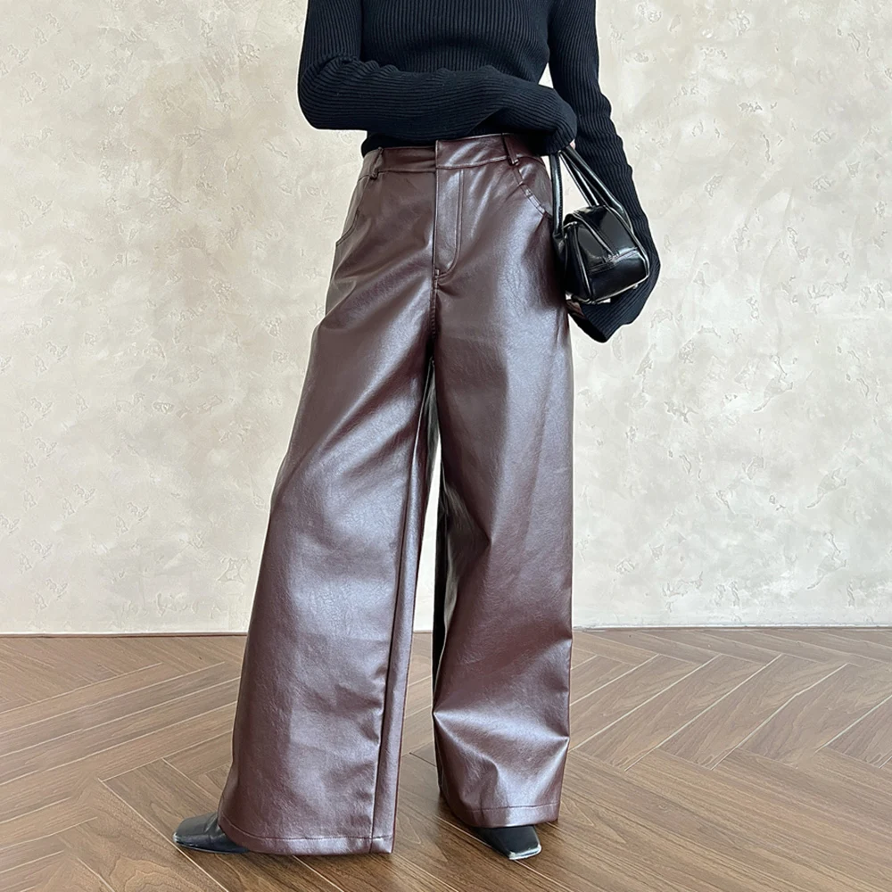 TWOTWINSTYLE Solid Patchwork Pocket Leather Trouser For Women High Waist Spliced Zipper Loose Vintage Wide Leg Pants Female New