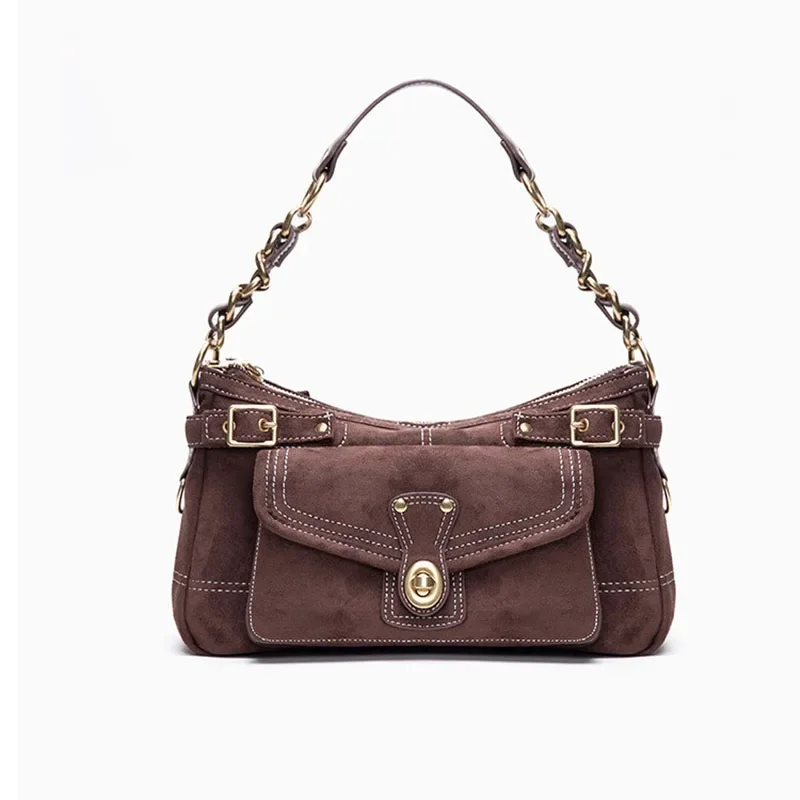 2026 Women's American Vintage Retro Shoulder Bag Y2K Suede Chain Metal Buckle Armpit Bag Casual Commuting Versatile Handbag
