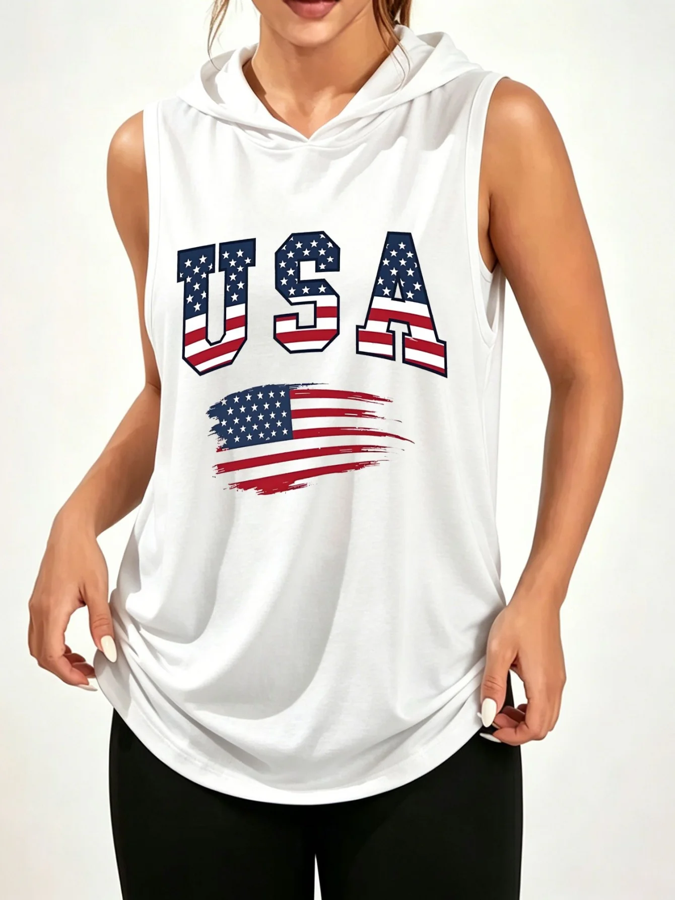 USA American Flag Brush Stroke Graphic Sleeveless Hooded Tank Top Unisex Retro Patriotic Stars And Stripes Casual Streetwear Sleeveless Hood Tank For Men Women