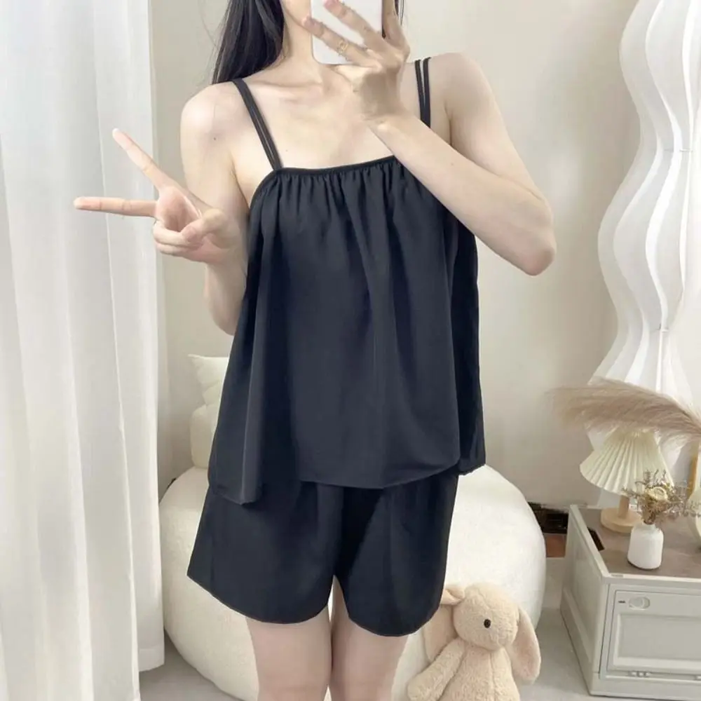 

Soft Solid Color Sleeveless Pajamas Women Thin Casual Camisole Shorts Nightwear Sweet Homewear Two Piece Nightdress Gifts