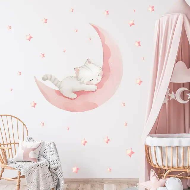 Cartoon Pink Moon Cute Cat Sleep Wall Stickers Baby Room Star Home Decor Akcesoria Pokój dzienny Sypialnia Dekoracja Pokój dziecięcy