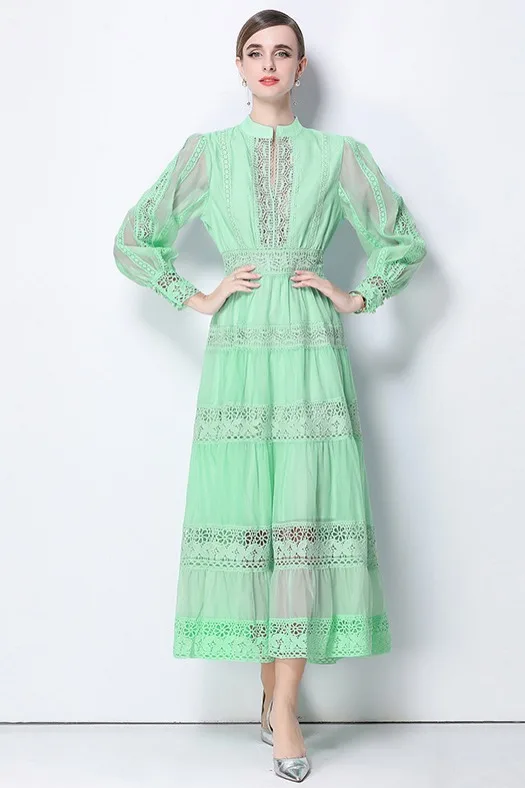 Estate autunno vacanza manica lunga lanterna ricamo verde abito da ballo donna patchwork pizzo una linea scava fuori abiti da festa