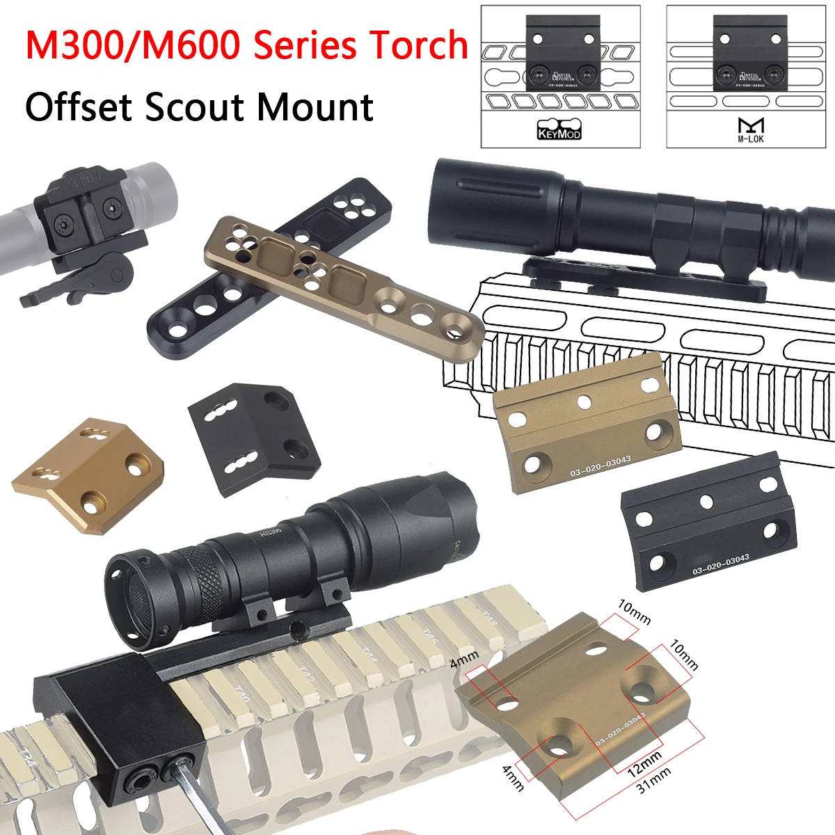 Tactical ARIS Series Surefire M300 M600 Offset Scout Mount M-LK Keymod CNC SMR Rail Base Airsoft Flashlight Hunting Accessories