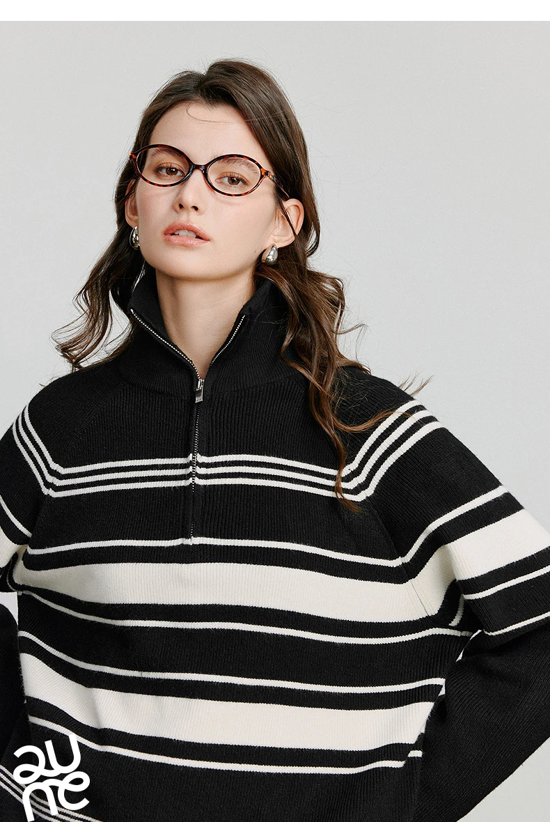 TOYOUTH Women Knitted Sweater 2026 Autumn New Fashionable Style Striped Zipper High Collar Woolen Pullover Sweater Tops