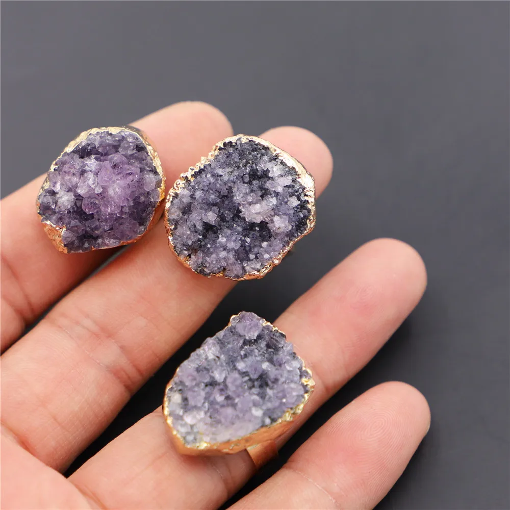 Natural Stone Gold Rim Vintage Retro Amethyst Slice Resizable Rings Charms Adjust Open Hammered Cuff for Woman ManExpress Copper