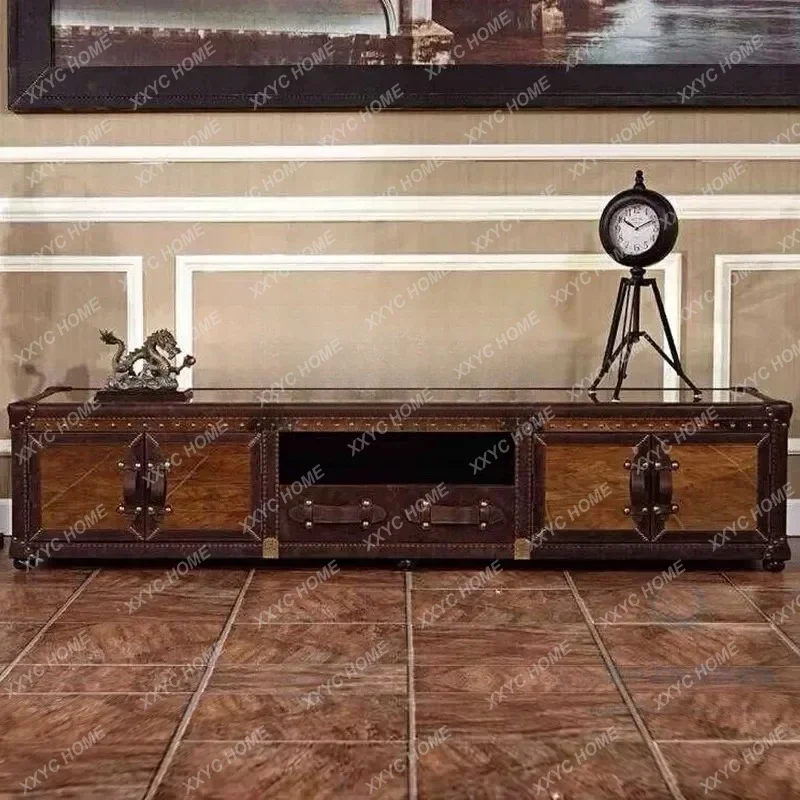 A  Css03 American medieval floor-to-ceiling TV cabinet French retro rivet aluminum leather living room with drawers long cabinet