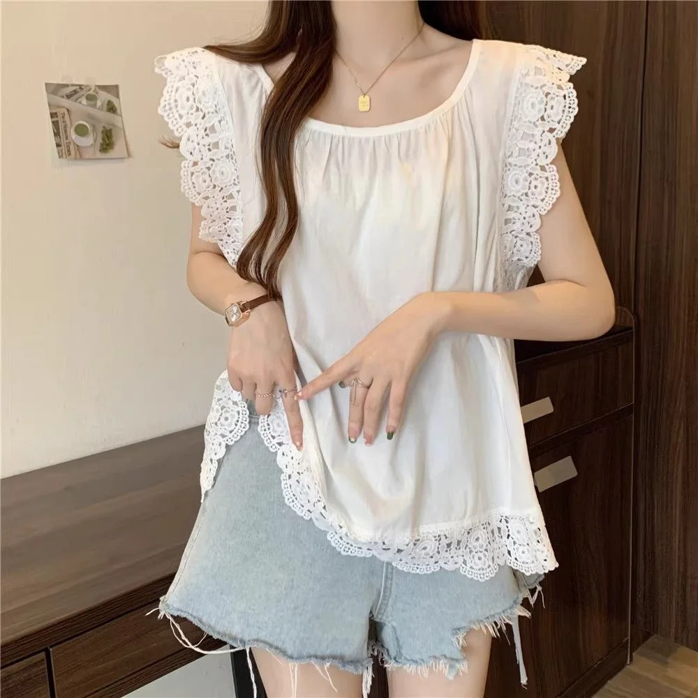 

Casual Lace Flying Sleeve Blouse Women's Clothing Sweet Solid Color Summer Basic Sleeveless French Style Spliced Loose Shirts