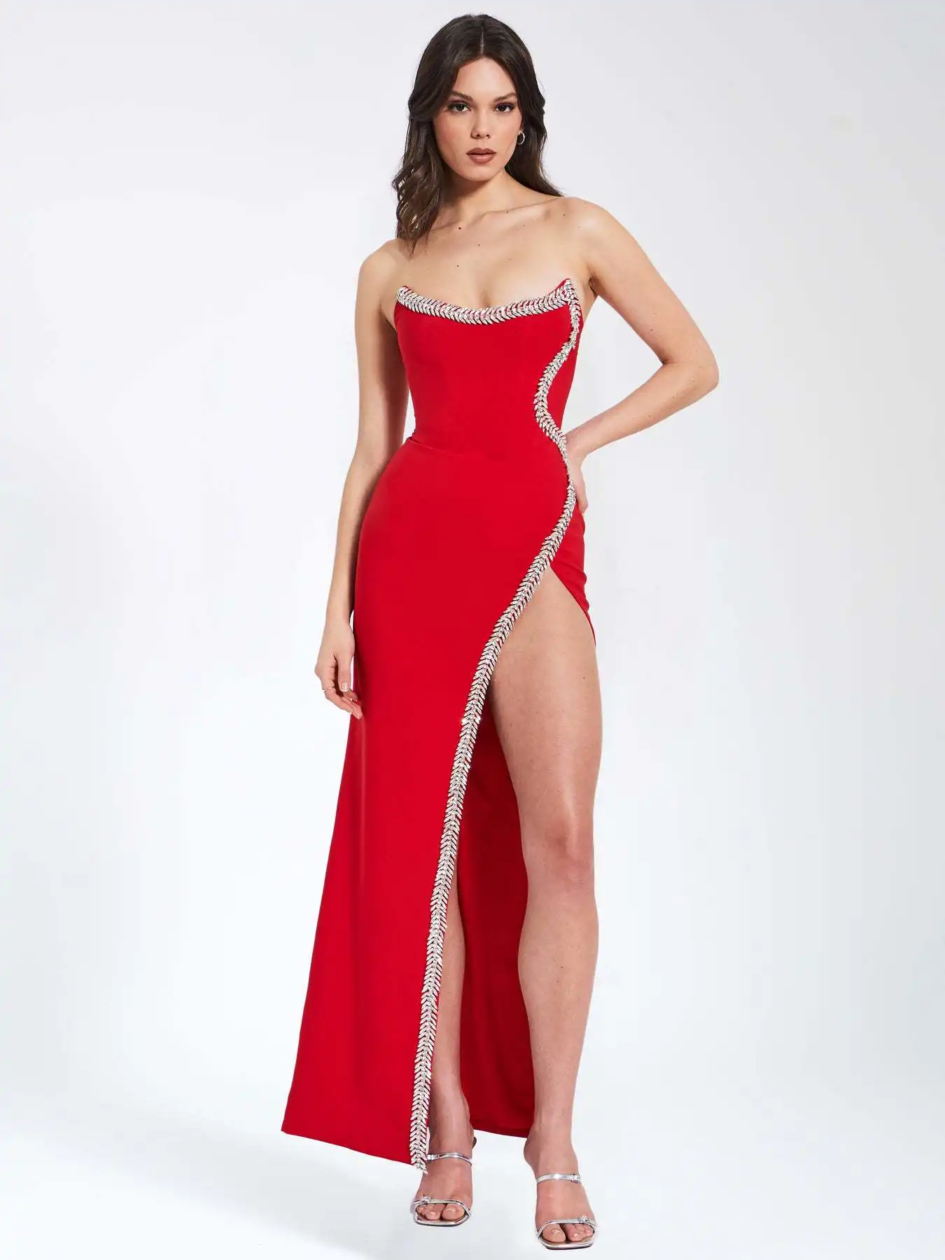 GORAFASHION Heavy industry Fishbone Hot Drill Wipe Breast Waist Stitching Wrap Hip Long Skirt Slit Bandage Dress
