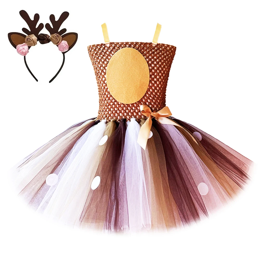 Deer Tutu Dress Christmas Dresses with Headband Halloween Costume Princess Elk Reindeer Outfit for New Year