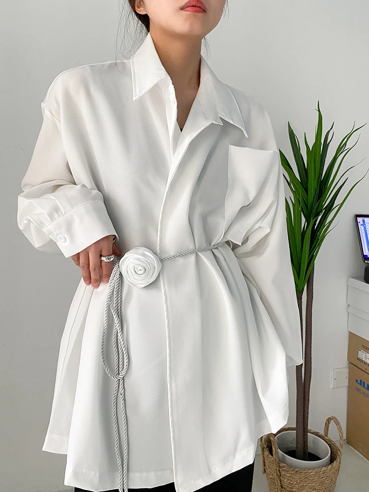 

SuperAen Korean white shirt one-button design rose flower belt loose shirt fashion shirts for women