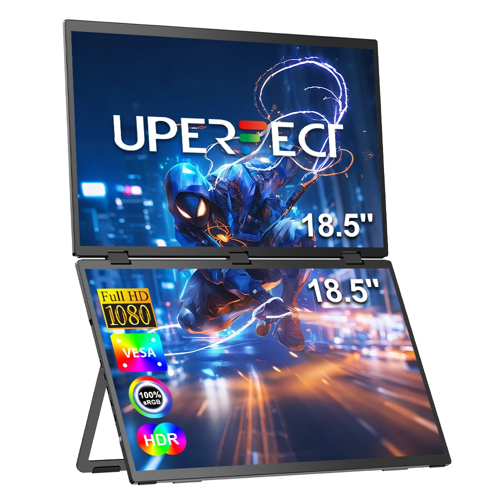 

UPERFECT 18,5" 100 Гц двойной портативный монитор 1080P HDR 180° автоматический поворот тройной складной удлинитель экрана ноутбука с подставкой VESA для ноутбука ПК телефона игровой консоли