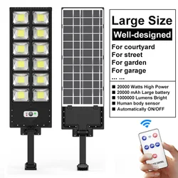 Impermeável Solar Street Lights, Iluminação de Segurança para Jardim, Lâmpada Sensor de Movimento, ao ar livre, 20000mAh, 1000000 Lumens, 20000 W