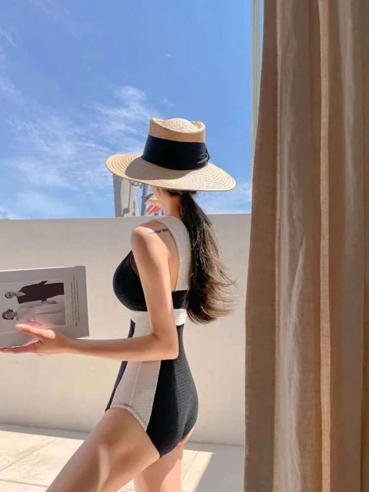 Korean Ins Style Swimsuit Women Inspired Black White Tweed Texture One Piece Deep V Neck Backless Padded Beachwear