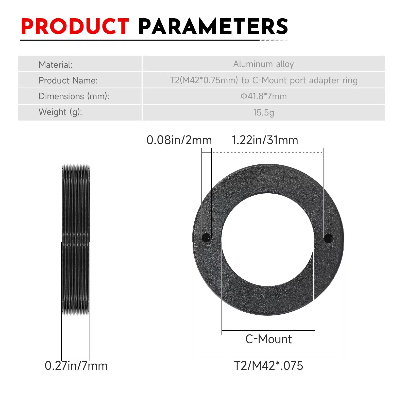 Datyson C Mount to T2 (M42x0.75) Thread Adapter Ring for Telescope Camera Photography B5P9866F