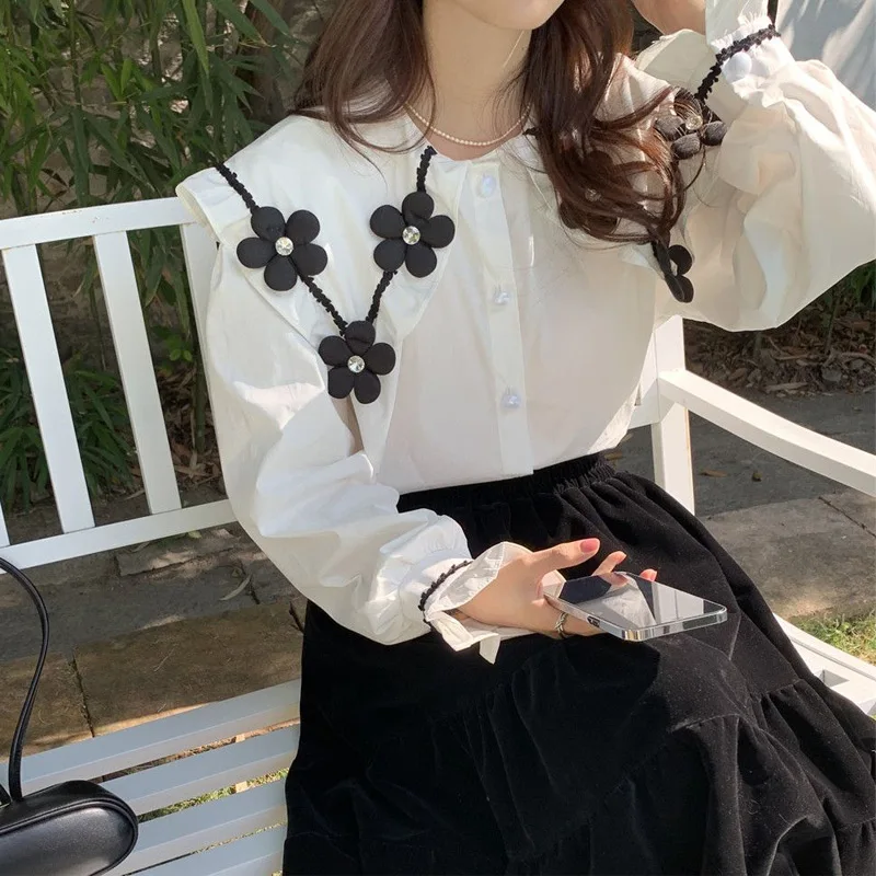 

Korean White Loose Youth Shirt Tops Spring Autumn New Long Sleeve Solid Color Fashion Blouse Sweet Temperament Women Clothing