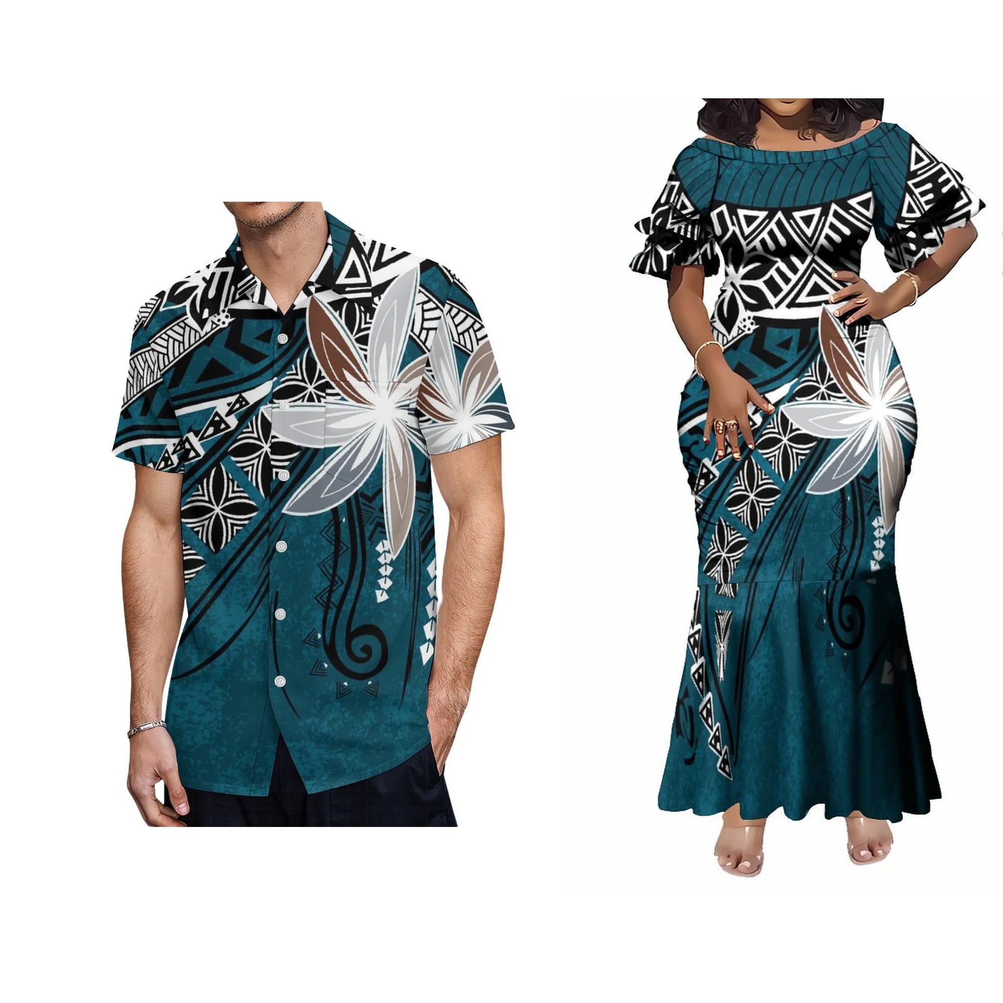 ชุดราตรีทรงหางปลาพิมพ์ลายดอกไม้สไตล์ฮาวายแบบขายส่ง ขนาดพลัสไซส์ แขนกลีบดอกไม้ ดีไซน์หรูหราสำหรับผู้หญิง