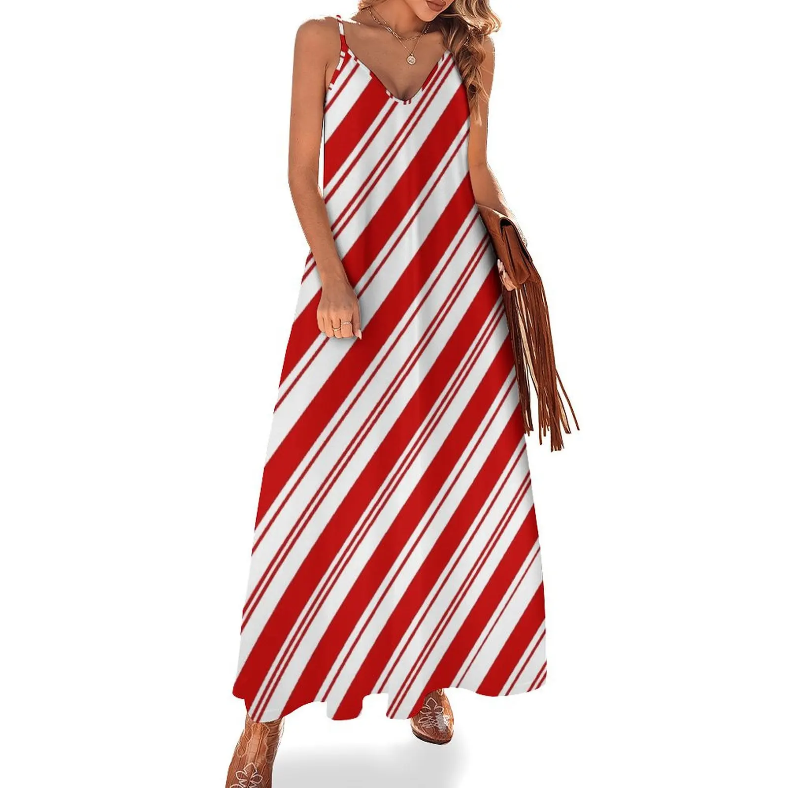 

ugliest 1980s Merry Xmas peppermint stick red white Christmas Candy Cane Sleeveless Long Dress Dress vintage Dress