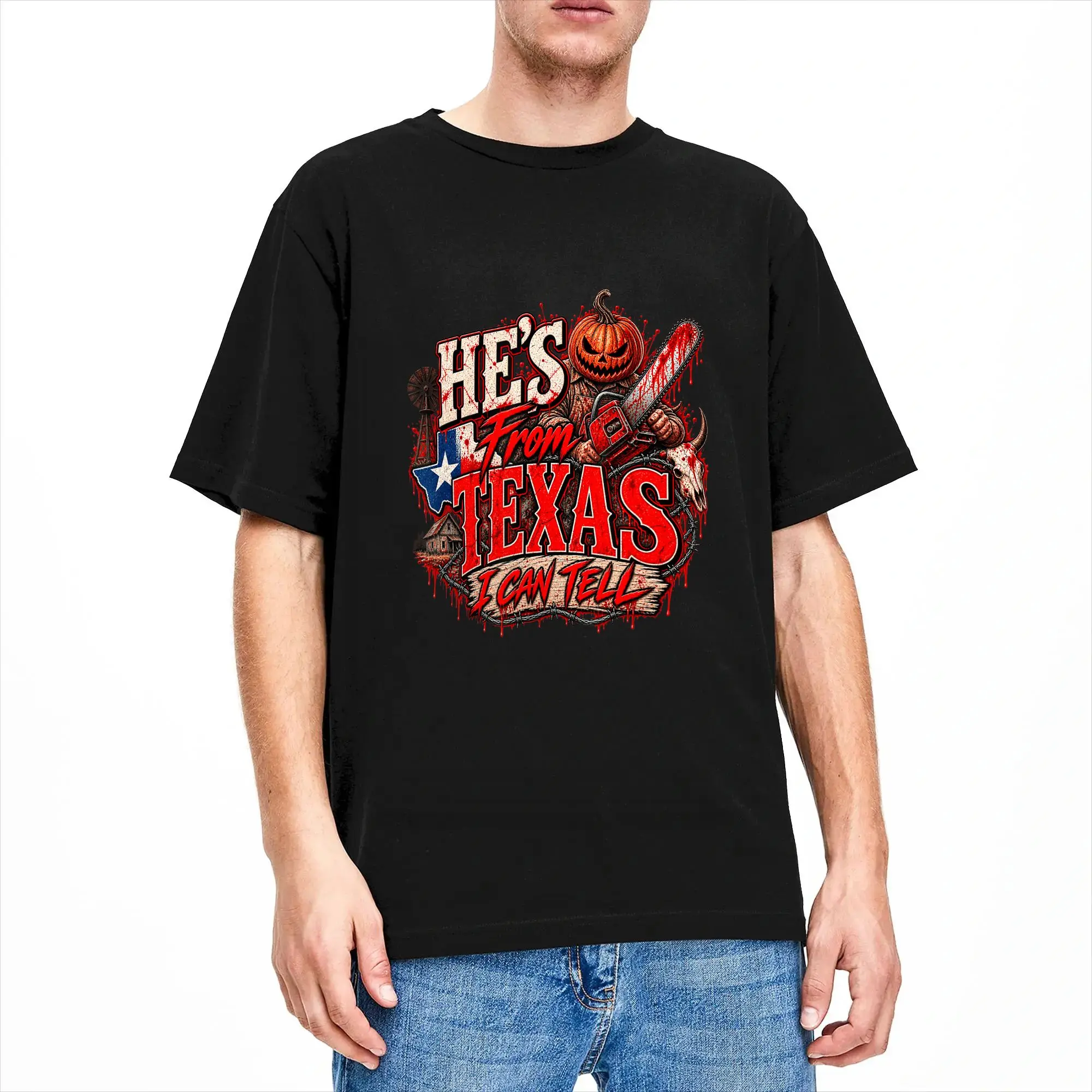 Hes from Texas I Can Tell Halloween Pumpkin Horror T Shirt B0HG6DC9QV T Shirt Men Streetwear T-Shirts Summer O Neck Harajuku Tee