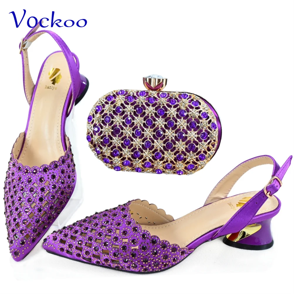 2024 Fashion Purple Color Magazine Hollow Design Noble and Elegant Italian Women's Low Heeled Shoes Paired with Evening Bags