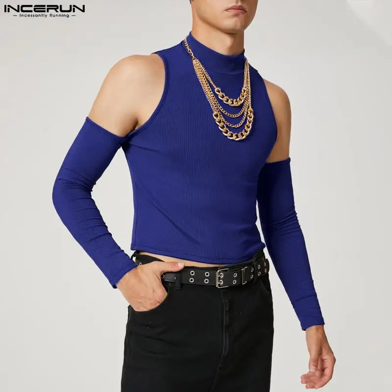 INCERUN Men T Shirt Solid Color Turtleneck Long Sleeve Off Shoulder Casual Camisetas 2023 Hollow Out Streetwear Sexy Crop Tops