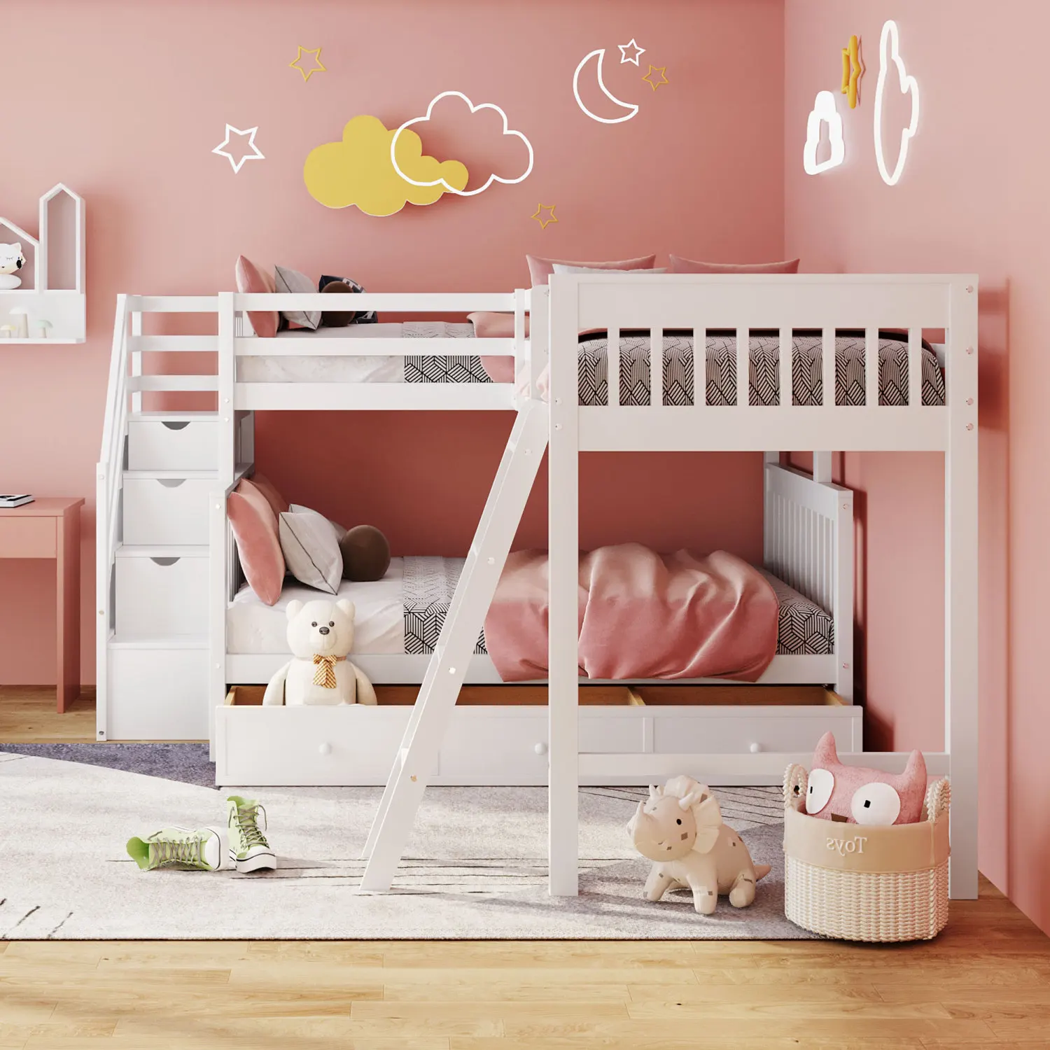 White Twin over Full L-Shaped Bunk Bed with 3 Drawers, Ladder, Staircase