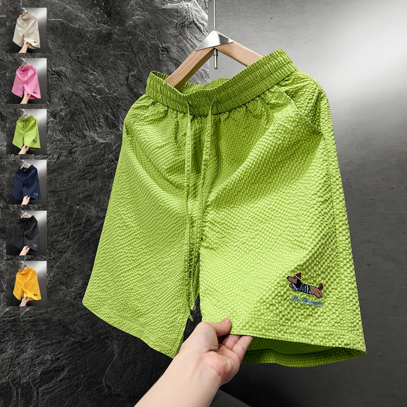 Summer Thin Men's Shorts Bubble Yarn Embroidered Dachshund Dog Casual Beach Shorts Dopamine Color Baggy Bermuda Plus Size M-5XL