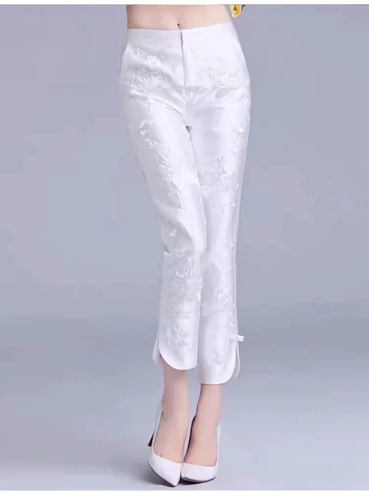 Nuovi Pantaloni Casual Cinesi con Ricamo Sle, Pantaloni Harem a Vita Alta e Gamba Dritta per Donna, Bianchi Snellenti Estivi alla Moda