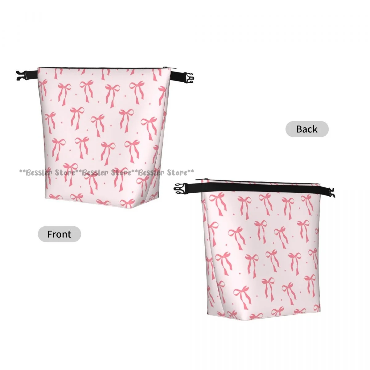 Foldable Roll Top Thermal Lunch Bag Cute Coquette Aesthetic Pink Ribbon Bow Insulation Lunch Box Carrier for Picnic Hiking