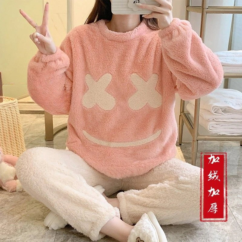 Coral Fleece Autumn Winter Pajamas Women's Korean Version of Sweet Pullover Can Be Worn Outside Thickened Warm Loungewear Cover