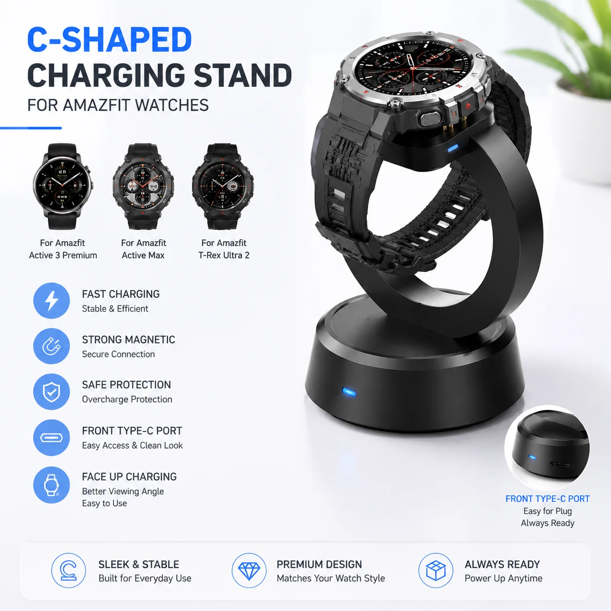 Charging Dock Charger for Huami Amazfit T-Rex 3/T-Rex3 Pro/Balance/Balance 2/ Active 3 Stand Charger Adapter Replace Watch Tools